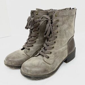 Madden Girl Mistley Grey Distressed Faux Leather Combat Ankle Boots